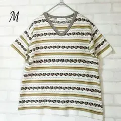ラナ Ｖネック 半袖 ニット ハイビスカス ボーダー Mのサムネイル