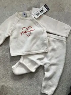 【新品未使用】プチバトー　ハート刺繍 ホワイトニット上下セット