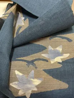 名古屋帯　夏帯　博多織　青　麻か絹？　刺繍入り　着物反物　帯　浴衣のサムネイル