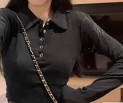 shein クロップド ブラック　ポロカラー　Tシャツ