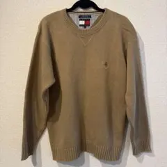 90s トミーヒルフィガー コットン ニット セーター ベージュ ワンポイント