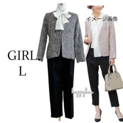ガール　ブラック　ノーカラーツイードジャケット＆ブラウス＆パンツの3点セット