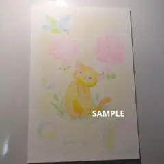 手描きイラスト　青い鳥と猫　オリジナル　手描き一点物