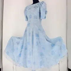 【美品 社交ダンス衣装】ワンピース ドレス 花柄 水色 ライトブルー