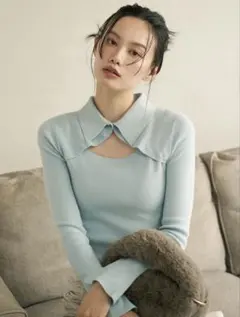 フロントオープンニットトップス LILY BROWN ブルー