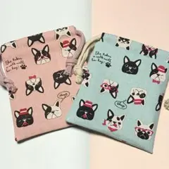 フレンチブルちゃん♪ハンドメイド＊ミニ巾着袋♪ミニ巾着ポーチ♪2点セット