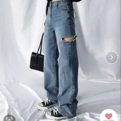 me+em select カットアウトサイドスリットロングデニムパンツ ブルーのサムネイル