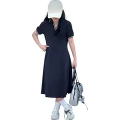値下げ♪新品！紺色のポロスタイル半袖ストレッチワンピース