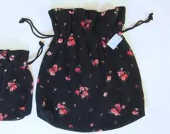 新品タグ付★キッドブルー★大★巾着バッグ★黒地ピンク薔薇フリースKIDBLUEのサムネイル