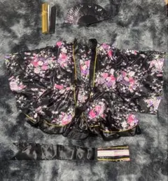 黒地花柄浴衣・帯・扇子セット