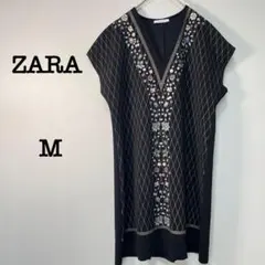 ZARA ザラ　ワンピース【M】ブラック　ひざ丈　チェック　レイヤード　おしゃれ