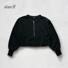 ハーフジップ　プルオーバー　長袖　ブラック　クロップド丈　ショート丈　ぽわん袖