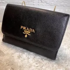 【美品】PRADAプラダ 二つ折り財布 サフィアーノレザー 黒ブラックバイカラー