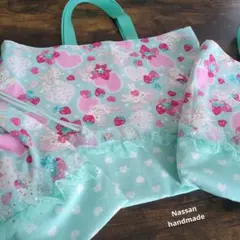 2026年入園入学３点セット　ミントグリーン ハート ユニコーン　ゆめかわ　巾着