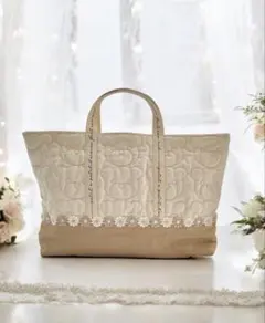 レッスンバッグ♡入園入学♡くまさんキルト♡ベージュホワイトフラワーレース