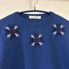 【美品】DEBORAH 刺繍デザイン ウールニットセーター クールネックブルーM