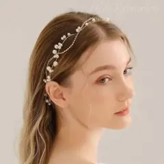 ヘッドドレスゴールドパールリボン結婚式ブライダルウェディング成人式髪飾りe