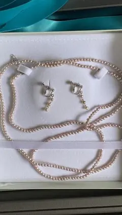 ベビーパールロングパールネックレスナチュラルピンク イヤリングセット 値下げ不可