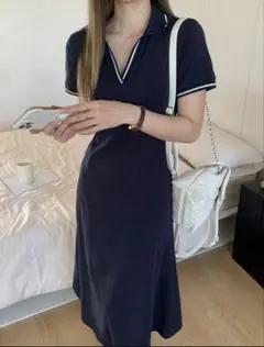 Shein DAZY ストライプ　vネック　ポロワンピース　紺　ネイビーブルーのサムネイル