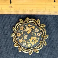 ダマスキナード　ヴィンテージ　ブローチ花と鳥 黒と金 約4.5cm