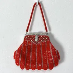 ヴィンテージ ビーズバッグ がま口 レトロ 赤 刺繍 パーティー 昭和レトロ