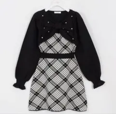 evelyn エブリン 長袖チェックリボンニット ブラック　黒