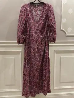 ピンク系長袖ロングワンピース 　ラップワンピース