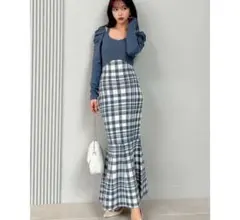 ダークブルー チェック柄 ロングワンピース