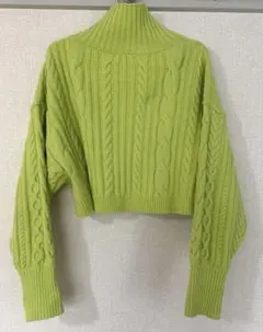 アダムエロペ　ライムグリーン ケーブルニット クロップドセーター