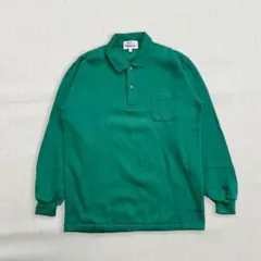 ポロシャツ 裏起毛 グリーン シンプル カジュアル 無地 胸ポケット 古着