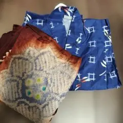 【110-120】子供用 着物 青色 チェック柄＆帯