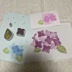 消しゴムはんこ　大きめ紫陽花・ 葉っぱ・雨粒の3個セット　 ミニ紙袋　持ち手なし