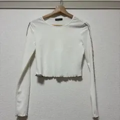 SHEIN ホワイト リブ編み 長袖 クロップドTシャツ