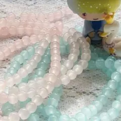 【2連ロング】ふんわりピンク、水色 ガラスビーズ 約6ミリ 1連約80cm