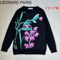LEONARD PARIS イタリア製 花柄 シルク ウール 長袖ニットS 黒のサムネイル