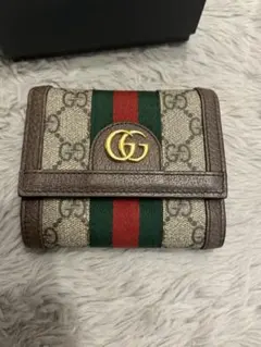 GUCCI GGスプリーム✕レザー ウェブストライ プメベージュ 三つ折り財布