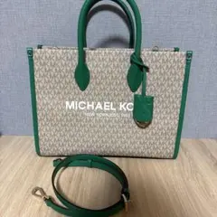 マイケルコース　ショルダーバッグ ベージュ/グリーン　キャンバス　大きめ
