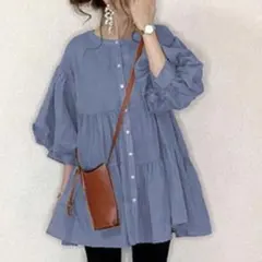 レディース チュニック　ワンピース　ブラウス　ティアード　ゆるふわ　ブルー