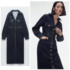 ZARA デニムシャツワンピース インディゴ M 金ボタン
