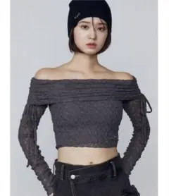 EMODAオフショルダー レース クロップドトップス グレー