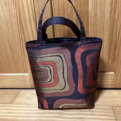 377 帯リメイクバッグ　抽象デザイン トートバッグ　こげちゃ色