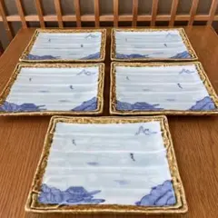 有田焼　其泉窯　伊良保山水焼物皿揃　貝山作　角皿5枚のサムネイル
