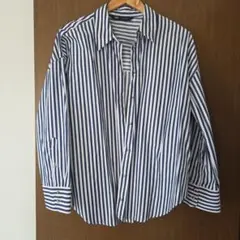 ZARA ストライプシャツ ネイビー×ホワイト Lのサムネイル