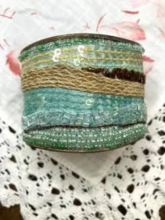 Vintage ビーズ刺繍 ワイドバングル カフブレスレット 真鍮