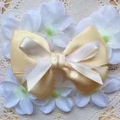 サテンと2色リボンのスイーツ ヘアクリップ バレッタ ヘアゴム 〜クリーム〜