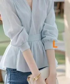 レディース　トップス　ストライプ　Vネック ブラウス　韓国　七分袖　Lサイズ