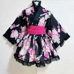 浴衣ドレス 黒ピンク 兵児帯セット 地雷ギャル 平成ギャル y2k 00s