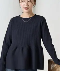 リブ編み長袖ニット　ネイビー