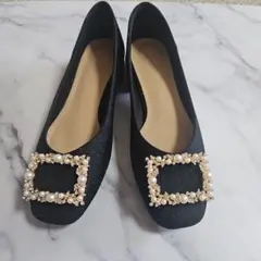 新品未使用　パールビジュー 黒 フラットパンプス 23.0