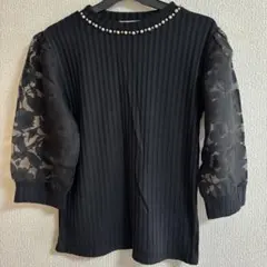 トップス カットソー 黒 リブ 袖レース 花柄 透け ハニーズ Honeys